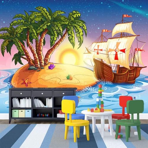 Cartoon Piratenschiff Insel 3D Tapete Poster Restaurant Schlafzimmer Wohnzimmer Sofa TV Dekorative Wand-150cm×105cm