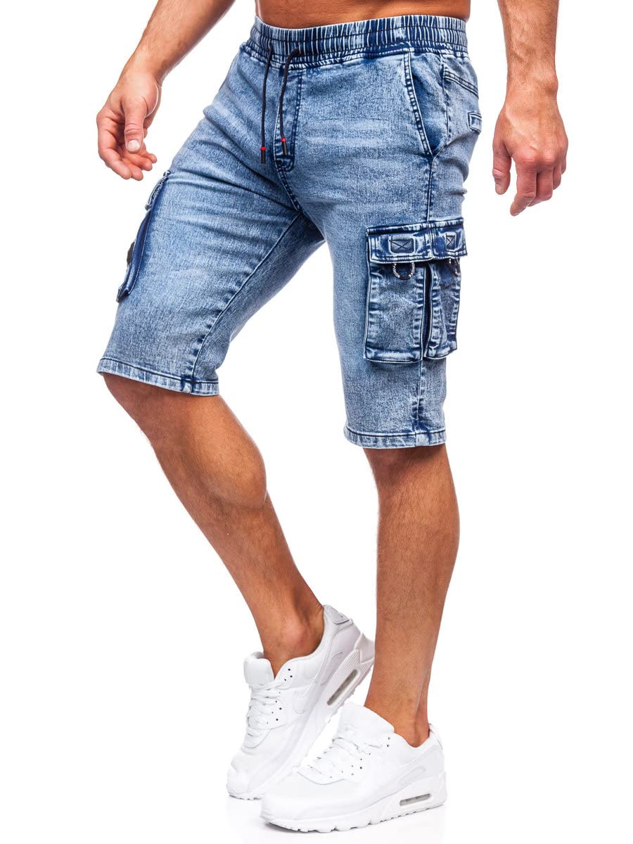 BOLF Herren Kurze Jeanshose Shorts Bermudas Jeans Short Kurze Hose Cargo Cargoshorts Destroyed Used Look Denim Stretch Freizeithose HY818A Blau M [7G7]