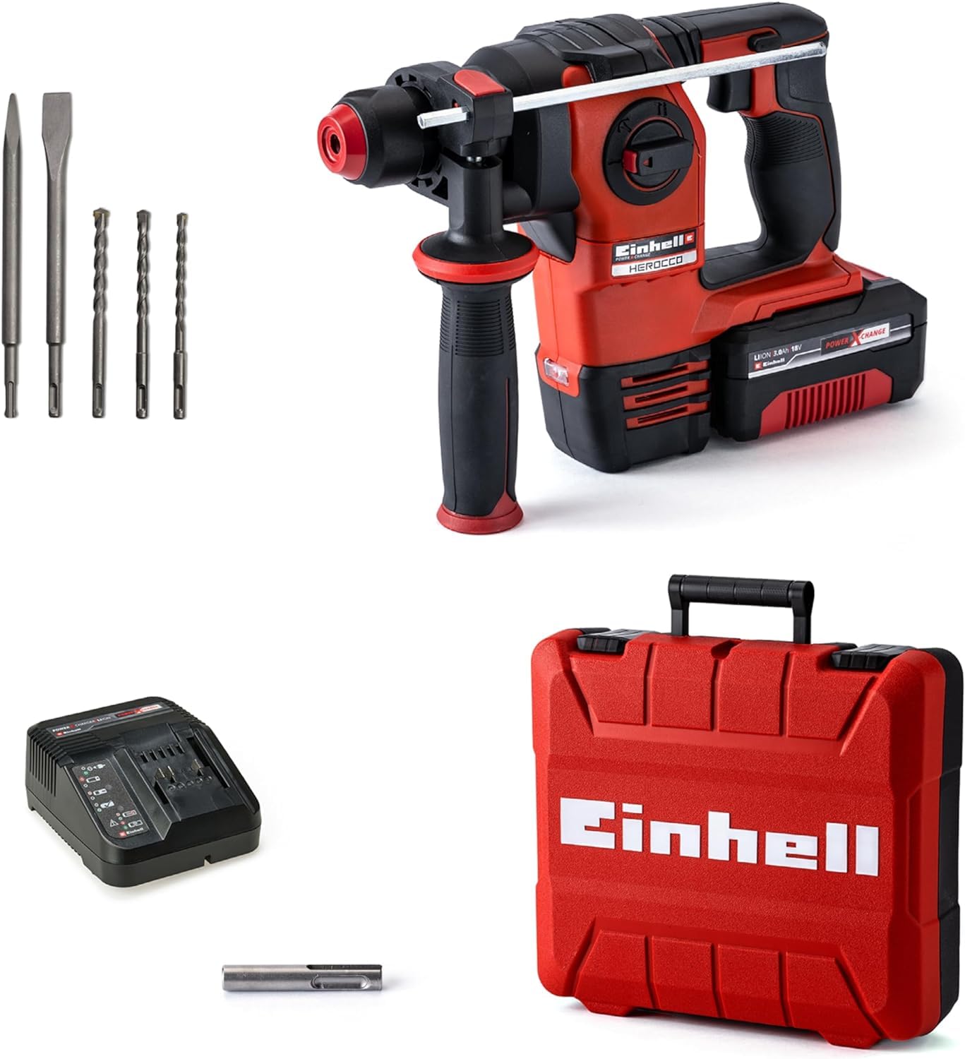 Einhell Akku-Bohrhammer HEROCCO Kit +5 (1x3,0Ah) Power X-Change (Li-Ion, 18V, 2.2 Joule, 18 Nm, SDS-Plus, inkl. 3,0 Ah-Akku, Ladegerät, 3 Bohrer, Flachmeißel, Spitzmeißel, inkl. E-Box)