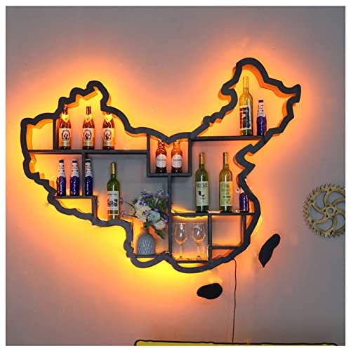 Hängende industrielle runde Weinregale, An der Wand montiertes Weinregal mit LED, schwebendes Weinregal mit China-Kartenanzeige for dekorative Regale in Küche, Esszimmer und Bar(120x15x100cm)