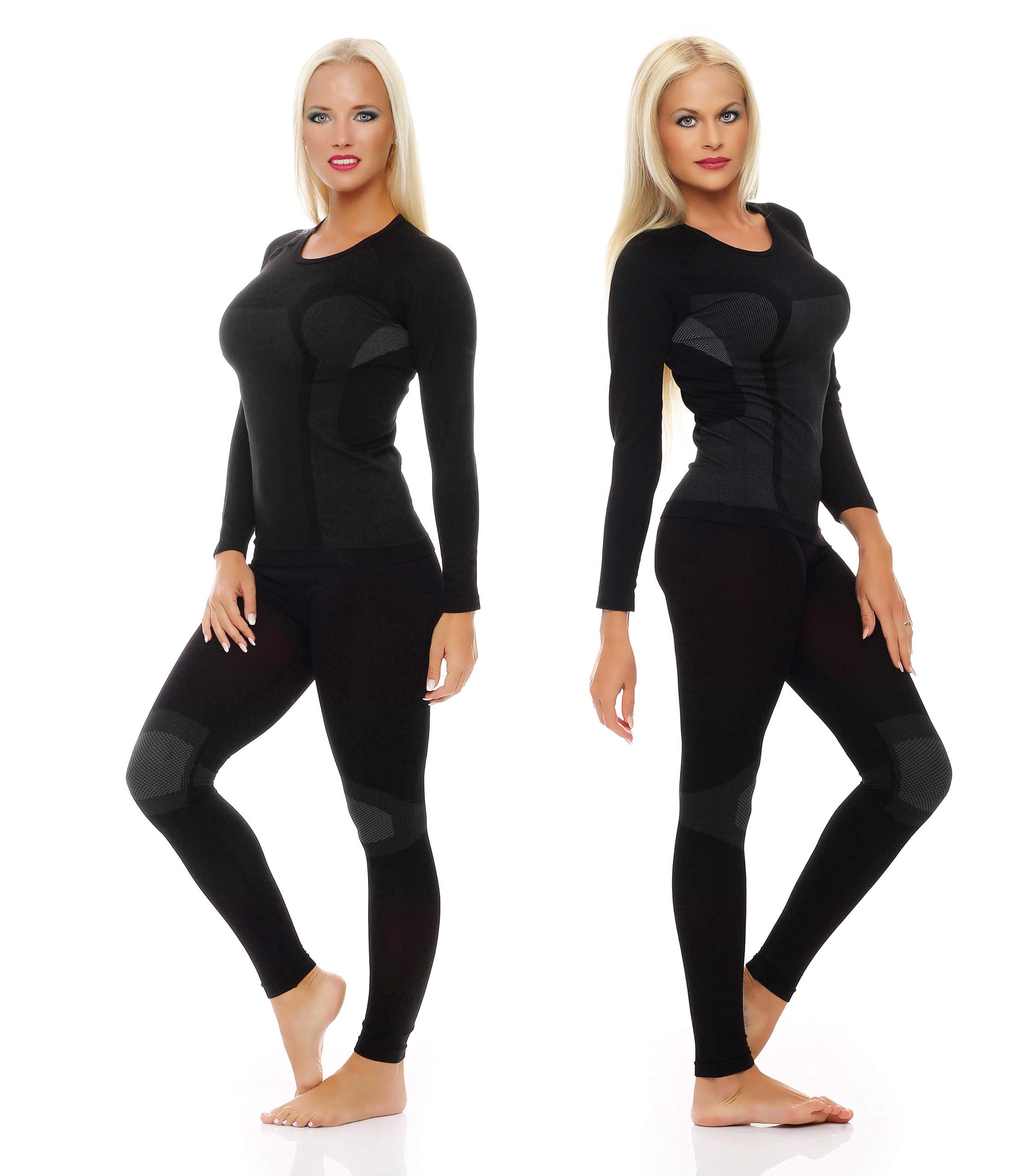 Skiunterwäsche für Damen als Hemd-Hose-Set oder 2 Hemden oder 2 Hosen auswählbar, Lang oder Kurz-Arm, funktionelle Thermowäsche seamless ohne störende Nähte (L-XL, 1x Set Langarm Schwarz/Grau)