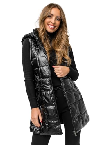 BOLF Damen Weste Lange Steppweste Bodywarmer Daunenweste Vest Funktionsweste Ärmellos Mantel Sportweste Winter Kapuze Warm Freizeit Outdoor 16M9123 Schwarz XL [U1U]