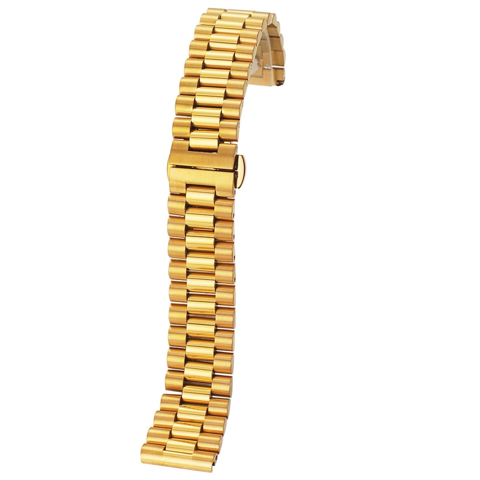 THBGTCNQ Massives Edelstahl-Uhrenarmband, 12–22 mm, Ersatzarmband, 3-reihig, mit Werkzeug(Gold,18mm)