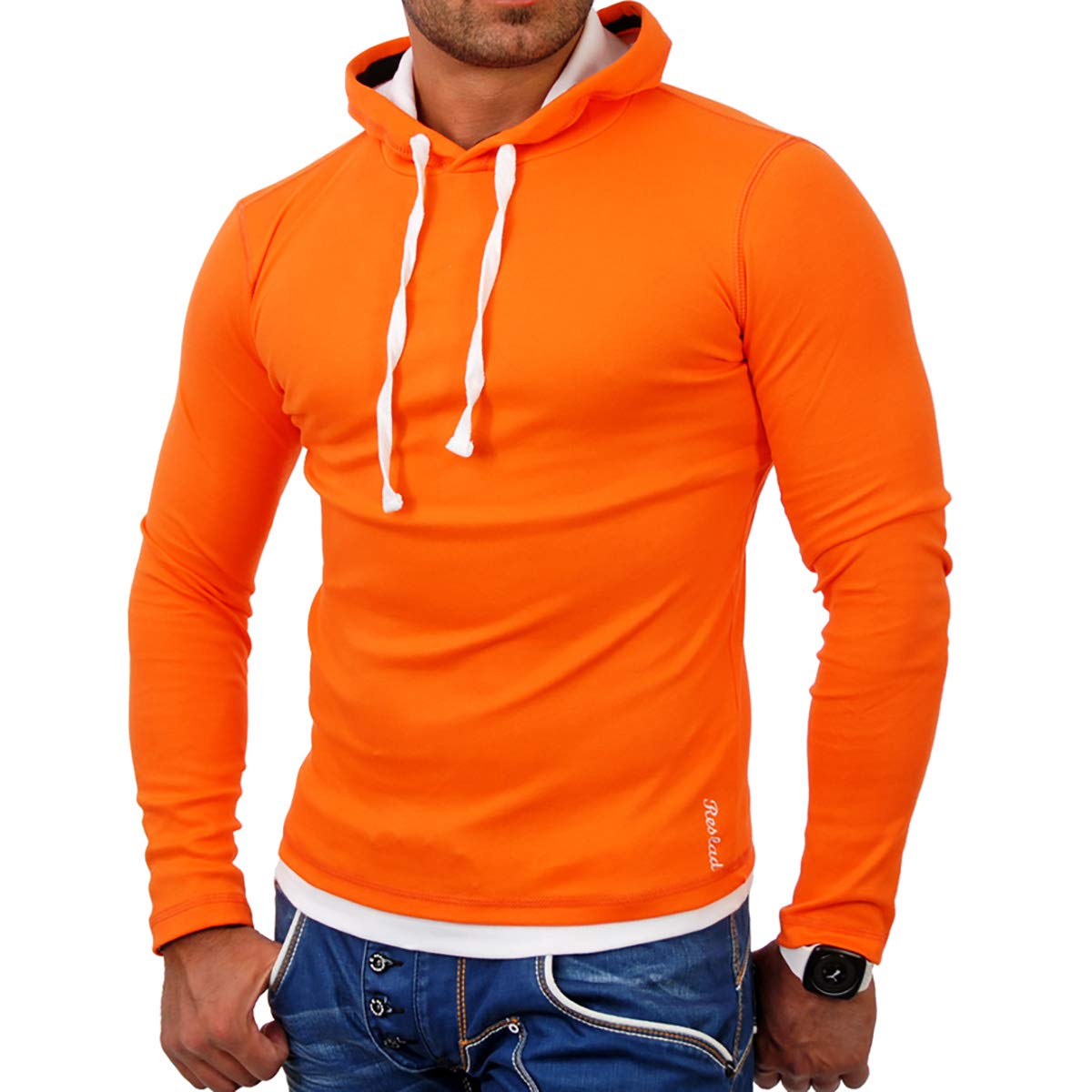 Reslad Herren Pullover Kapuzenpullover Sweatshirt Sweater Pulli Hoodie RS-1003 Orange-Weiß 2XL