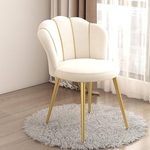 Vanity Chair Mit Rückenlehne, Muschelförmiger Wohnzimmerstuhl Mit Goldenen Metallbeinen, Gepolsterter Stoffsitz, Für Wohnzimmer/Ankleidezimmer/Schlafzimmer/Heimbüro/Küche,Weiß,Weiß