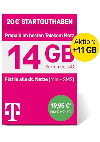 Telekom MagentaMobil Prepaid XL Special SIM-Karte ohne Vertragsbindung, 5G inkl. I 14 GB & Allnet Flat in alle dt. Netze + EU-Roaming I Surfen mit 5G/ LTE Max & Hotspot Flat I 20 EUR Startguthaben