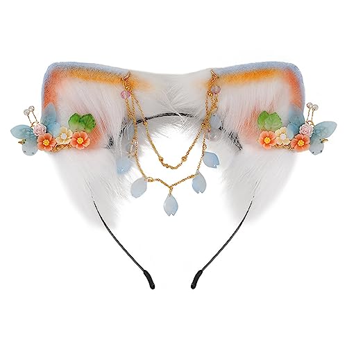 SANRLO Stirnbänder, Haarschmuck für Damen, chinesischer Stil, niedliches Kätzchen-Ohr-Form-Stirnband mit Stirnkette, Karneval, Halloween, Mädchen, Fotografieren, Blumen-Haarband