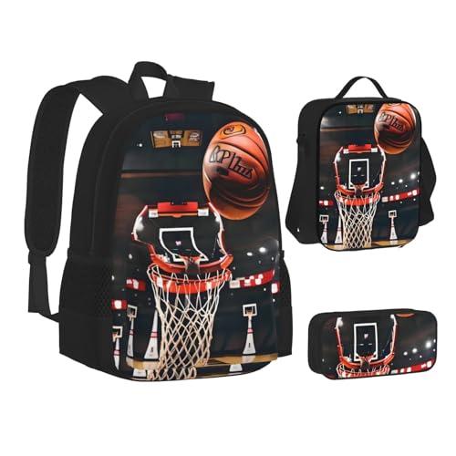 WURTON Basketball-Rucksack, Lunchbox-Set, 3-in-1-Rucksack und Federmäppchen, passende Kombination, Schwarz, Einheitsgröße