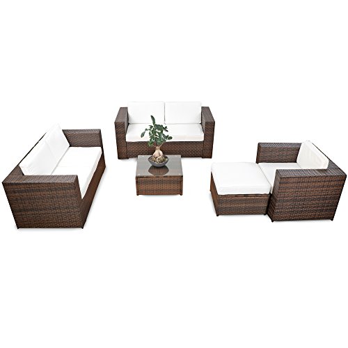 XINRO® erweiterbares 17tlg. Gartenmöbel Rattan Lounge - braun-Mix - Gartenmöbel Sitzgruppe Garnitur Lounge Möbel Set - inkl. Lounge Sofa + Sessel + Hocker + Tisch + Kissen