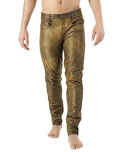 Bockle® Premium Antik Lederhose Herren Leder Jeans Braun Lederhose Herren, Size: 38W / 36L