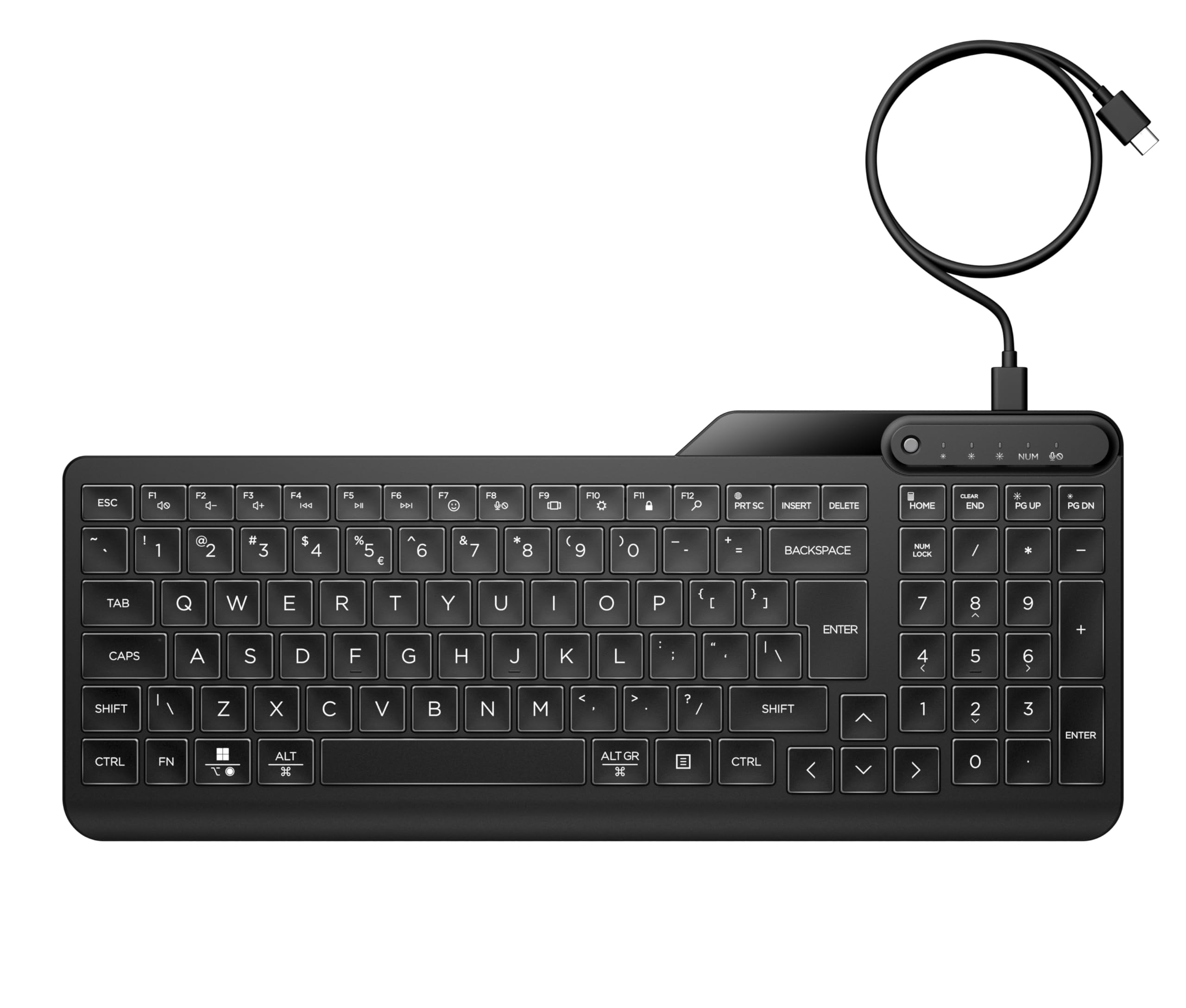 HP 400 kabelgebundene Tastatur, Anschluss über USB-C und mit USB-A-Adapter, Qwerty, 12 programmierbare Tasten, Hintergrundbeleuchtung, kompatibel mit Windows 10 und 11, Chrome OS, MacOS, Schwarz