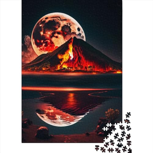 Schwierige, anspruchsvolle Puzzles mit 1000 Teilen, Vulkan, Roter Mond bei Nacht, Holzpuzzles für Erwachsene, Puzzles eignen ganze Familie und die 29,53 x 19,69 Zoll