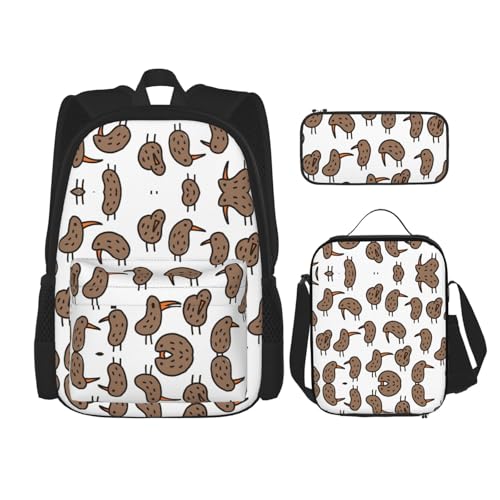 WURTON Kiwi Birds niedlicher Druck, 3-in-1-Sets, lässig, verstellbarer Schulter-Rucksack, Lunch-Tasche, Federmäppchen, Beutelbox, Schwarz, Einheitsgröße