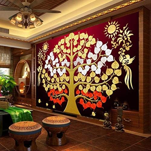 XLMING Thai Gold Leaf Thai Style Bodhi Baum Auspicious Baum Dekoration Küche Esszimmer Arbeitszimmer Wohnzimmer TV Hintergrund Wand 3D Tapete-250cm×170cm