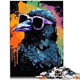 Spielzeug-Puzzle Krähe mit Sonnenbrille Rabe Puzzles für Erwachsene 1000 Teile Holzpuzzle Lernspielzeug Schwierige schwere Puzzles für Frauen Männer (50x75cm)