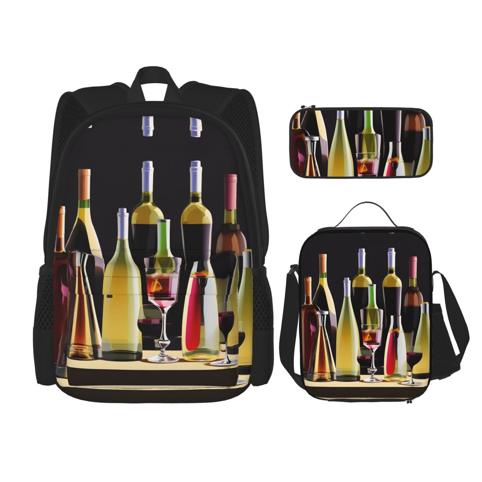 YQxwJL 3-in-1-Rucksack-Büchertaschen-Set, Cocktailgläser und Weinflaschen, lässiger Reiserucksack, mit Federmäppchen, Lunchtasche