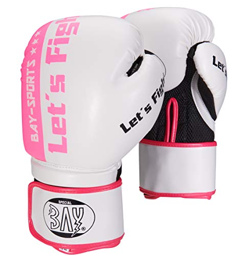 BAY® "Fresh mesh Boxhandschuhe Box-Handschuhe, rosa pink weiß, Carbon Look, 10 Unzen UZ OZ PU-Leder, Profi Delux, Kickboxen, Boxen, Thaiboxen, Muay Thai, Herren Damen Kinder Jugendliche Junioren