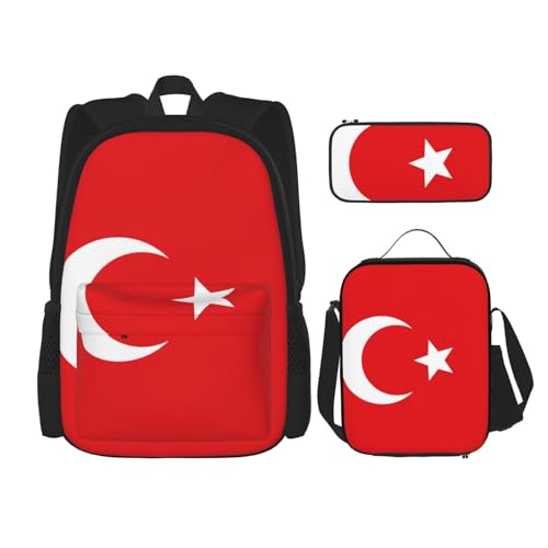 WURTON Flagge der Türkei Druck Reise Lunchbox Federmäppchen Rucksack Set 3 Stück Verstellbare Träger Leicht, Schwarz, Einheitsgröße, Schwarz, One Size