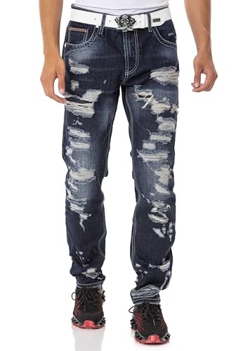 Cipo & Baxx Herren Jeans Hose Denim Regular Fit Destroyed Jeanshose CD843 Dunkelblau W40 L32