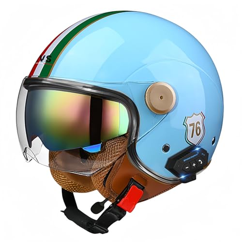 3/4-Bluetooth-Helm mit offenem Gesicht, Vintage-Motorrad-Halbhelm, ECE-zugelassenes Moped mit Doppelvisier, Motorradhelm für Männer, Erwachsene, Frauen N,XXL63-64CM