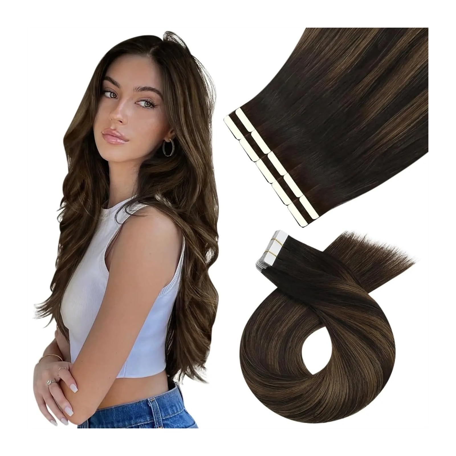 Haar-Tape-Extensions Echthaar Balayage Dunkelbraun Ombre Braunes Klebeband Echthaarverlängerungen Braunes Klebeband in Haarverlängerungen Echthaar Balayage Haarverlängerungen Klebeband auf 14-24 Zoll