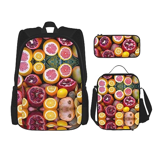 WURTON Obstbild-Druck, trendige Rucksacktaschen, Lunchbox und Federmäppchen, 3-in-1, verstellbares Rucksack-Set, Schwarz, Einheitsgröße, Schwarz , Einheitsgröße