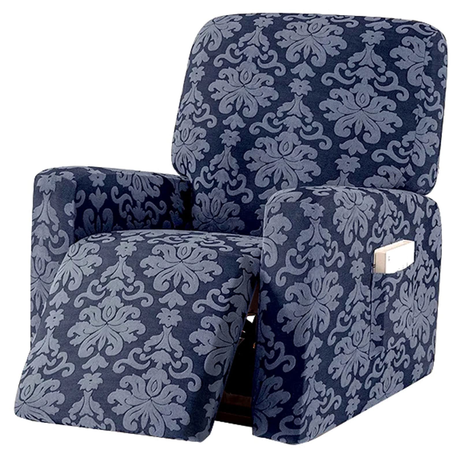 JHLD Stretch Ruhesessel Bezug, Jacquard 8 Stück Relaxsessel Bezug 6 Stück Ruhesessel Bezüge Sesselbezug Relaxsessel Für Wohnzimmer-grau Blau-1 Sitzer