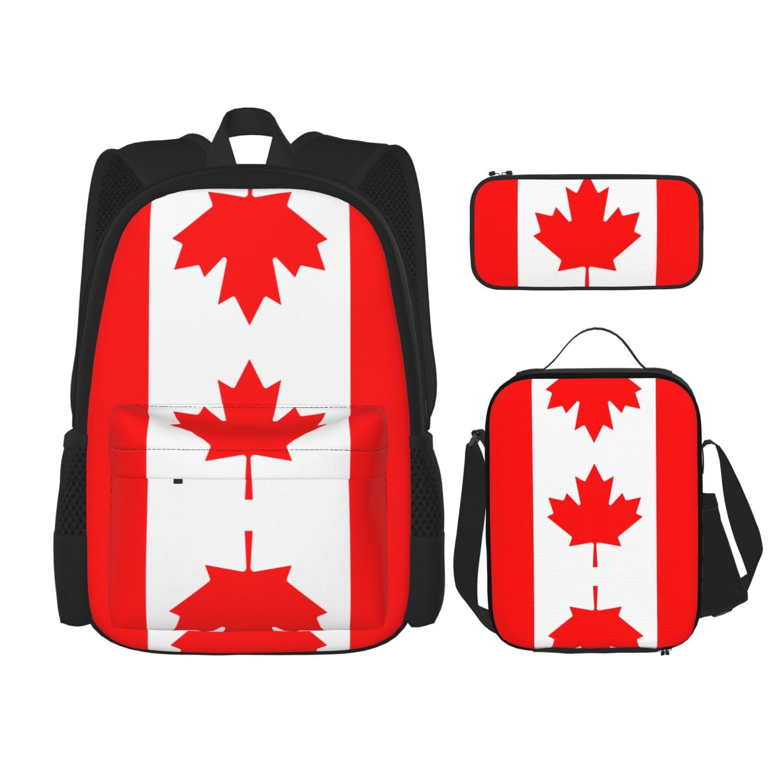 WURTON Rucksack-Set mit kanadischer Flagge, Schultasche mit Lunchtasche, Federmäppchen, Kombination, Schultaschen-Set