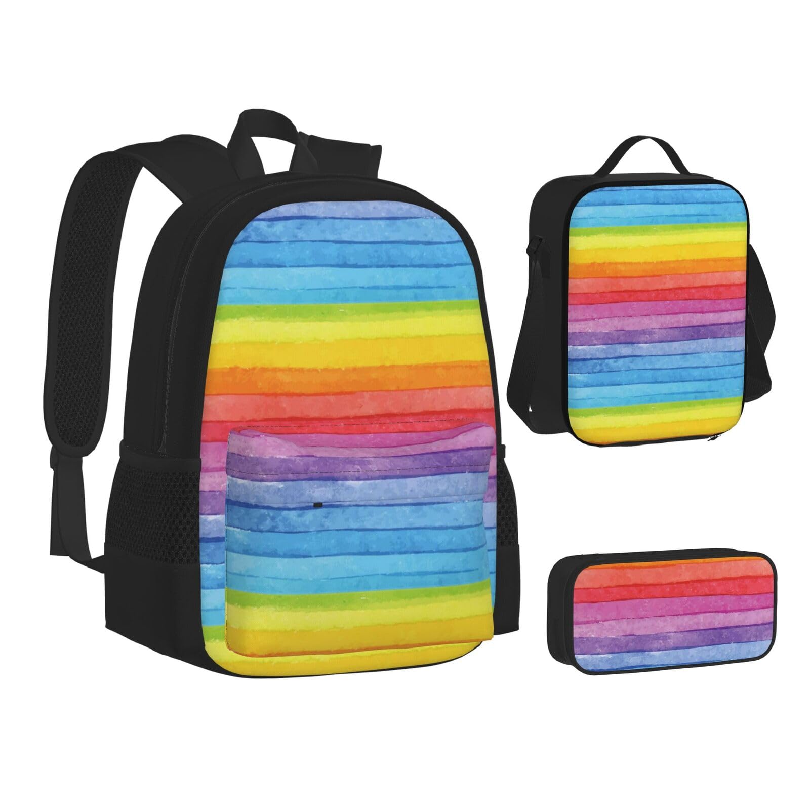 WURTON 3-in-1 Rucksack für Teenager, buntes Regenbogen-Streifenmuster, Set mit Federmäppchen + Schultasche + Lunchtasche