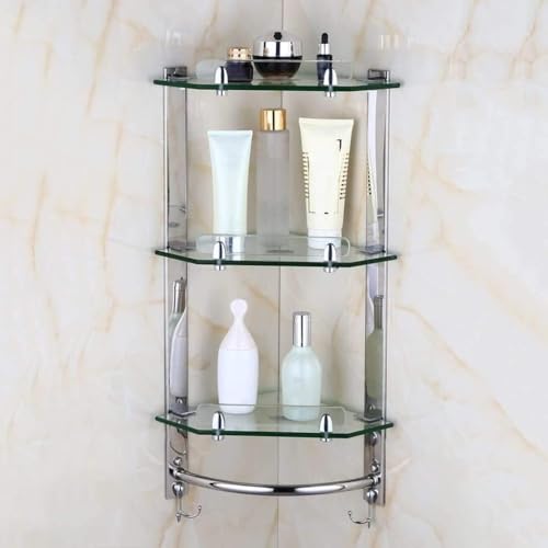 Badezimmer-Eckregal aus Glas, silberner Handtuchhalter aus Edelstahl – Eckregal aus Glas für die Dusche – stilvolles und praktisches Badezimmerregal von Bathroom Corner Shelves, 3 Etagen