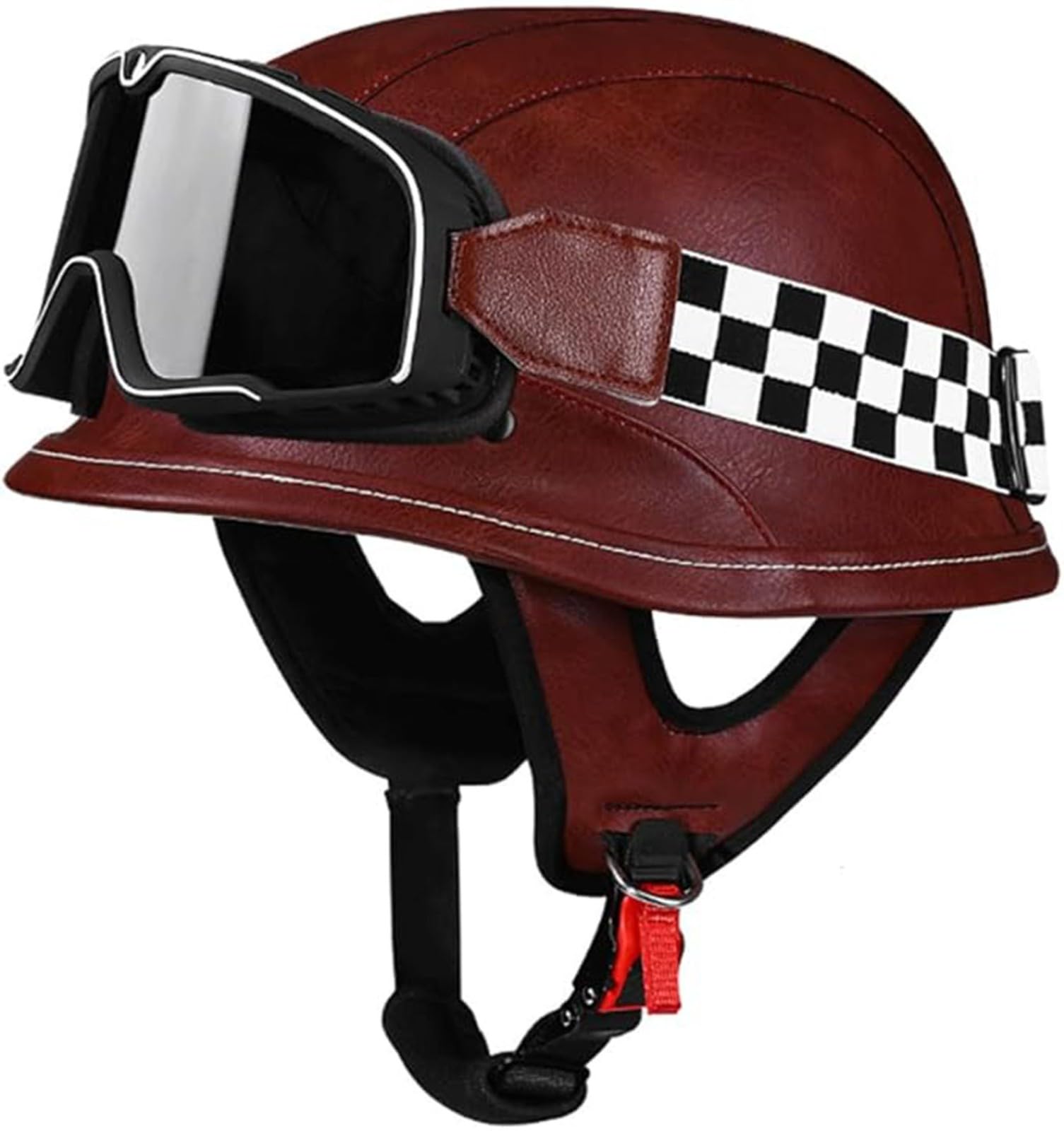 Lederhelm Im Deutschen Stil Mit Schutzbrille, ECE-Geprüfter Vintage-Cap-Halbhelm, Für Erwachsene, Männer Und Frauen, Offener Retro-Helm Für Roller, Moped, Street Cruiser A,XXL/(60~63cm)