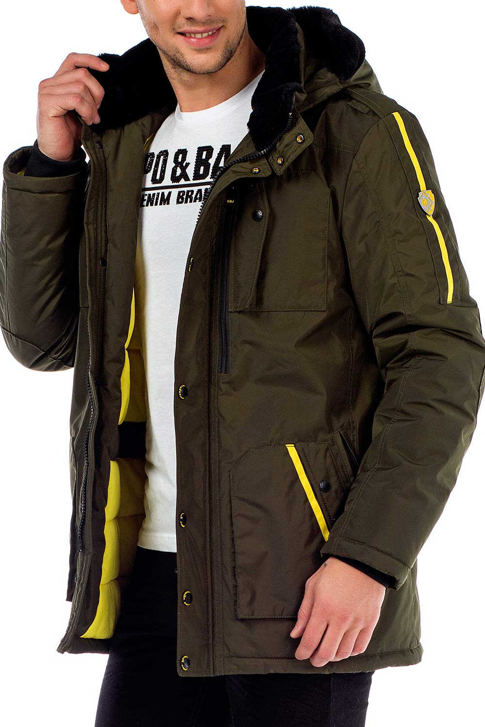 Cipo & Baxx Herren Winterjacke Kapuzenjacke Fellkragen Parka Mantel Jacke Steppjacke Gr XXL Khaki