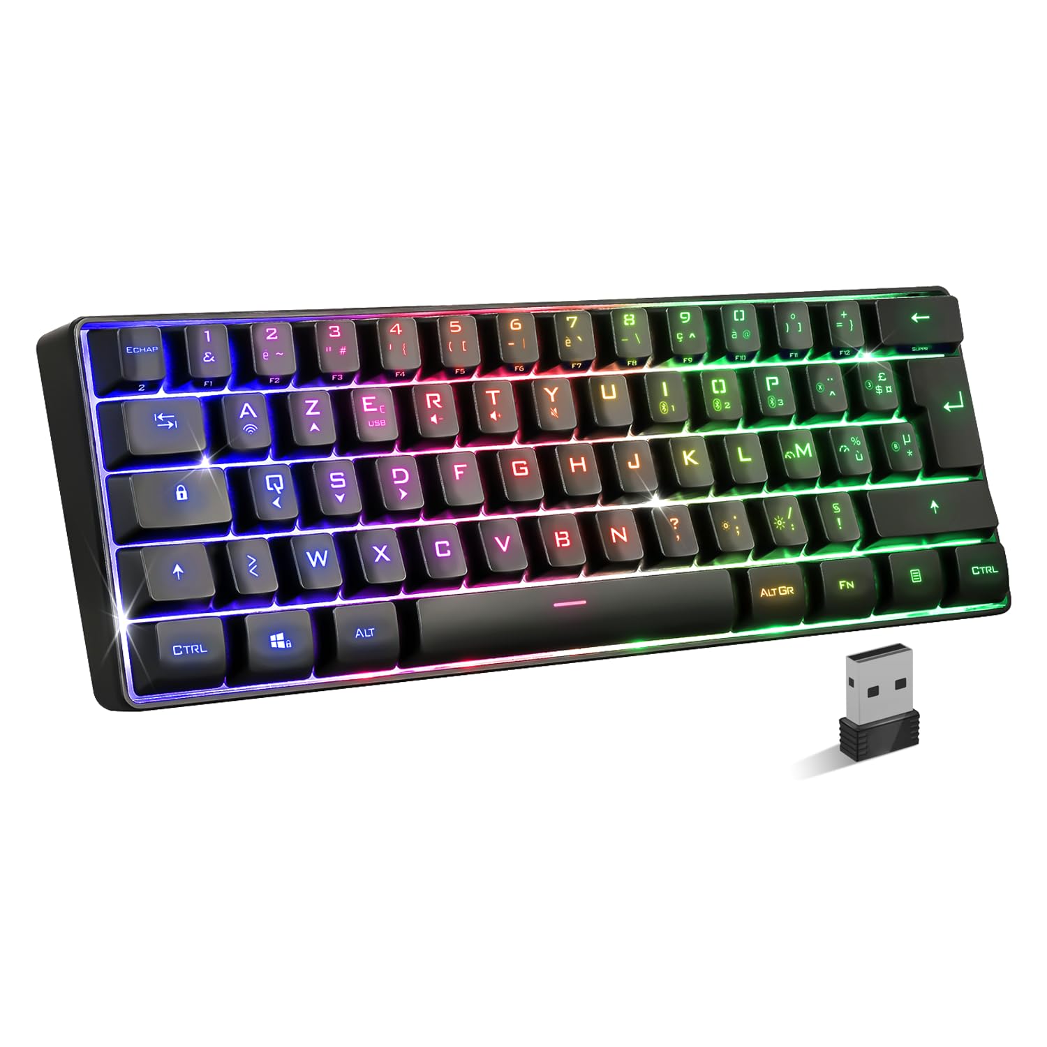 Elite K50: Gaming-Tastatur, leise, kabellos, RGB-Hintergrundbeleuchtung, 60 % TKL Gaming-Tastatur, Azerty, wiederaufladbar mit Bluetooth/2,4 G/Typ-C, 62 Tasten, Anti-Ghosting, für PC/Windows/Mac