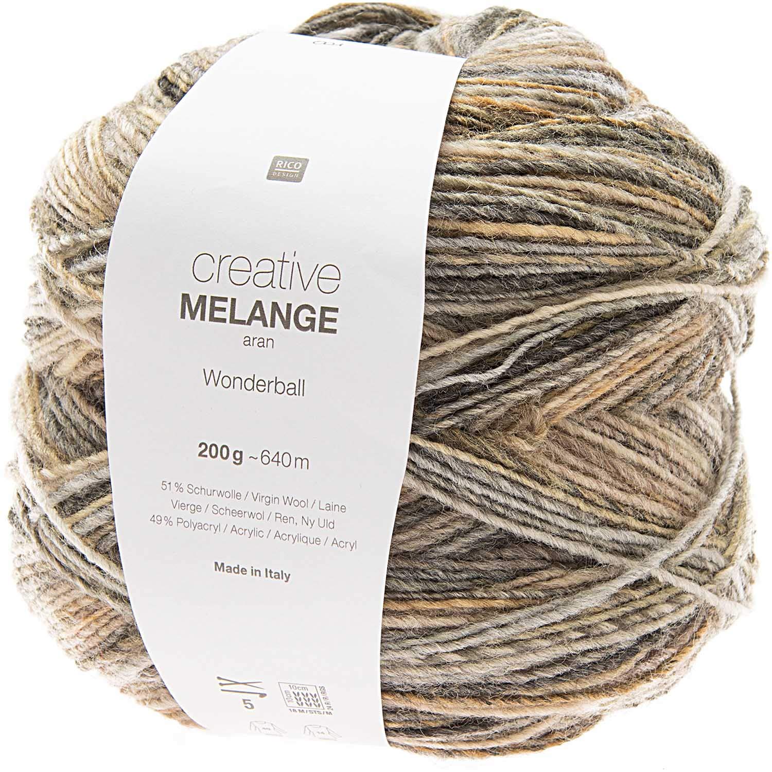 Rico Design Creative Melange Aran Wonderball, Farbverlaufswolle Nadelstärke zum Stricken oder Häkeln, Wolle 200g Knäuel (001, 200)