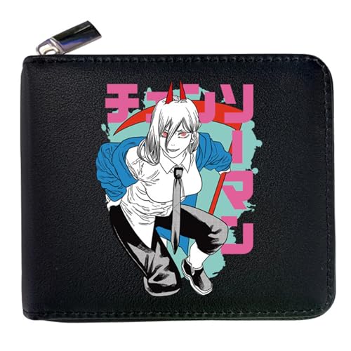 RYNDEX Chains-aw Man Geldtasche Anime, PU-Leder Münzbörsen mit Reißverschluss, Teenager Reisegeldbeutel für Taschengeld Fahrkarte(Color:Black 2)