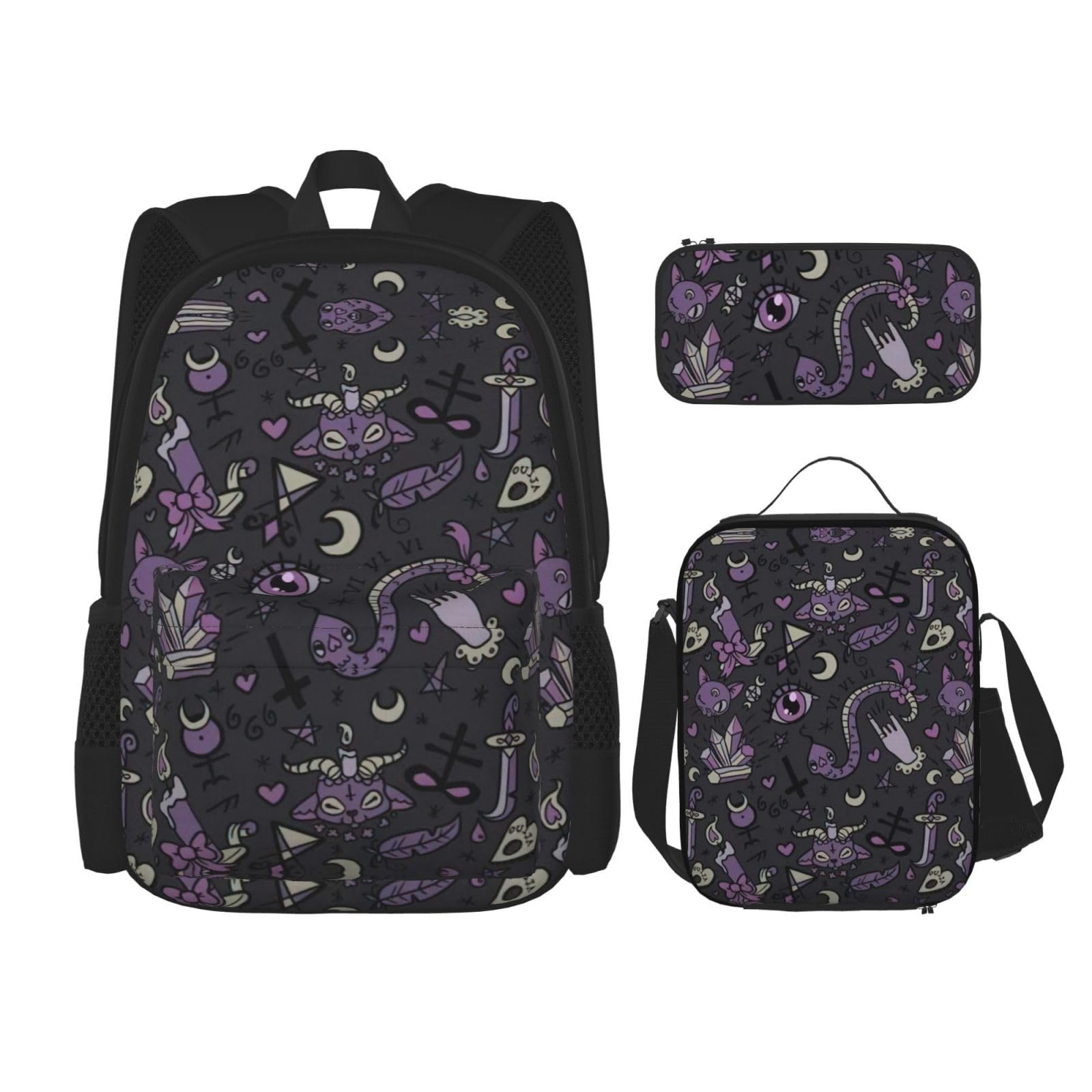 WURTON Lila Schwarz Goth Gruseldruck Trendy Rucksack Taschen Lunchbox und Federmäppchen 3 in 1 Verstellbarer Rucksack Set, Schwarz, Einheitsgröße, Schwarz , Einheitsgröße