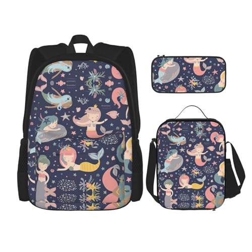 WURTON Schulterrucksack, Motiv: Meerjungfrau im Ozean, 3-in-1, Büchertaschen-Set, Lunchbox, Federmäppchen, Reise-Laptop-Tagesrucksäcke, Schwarz, Einheitsgröße