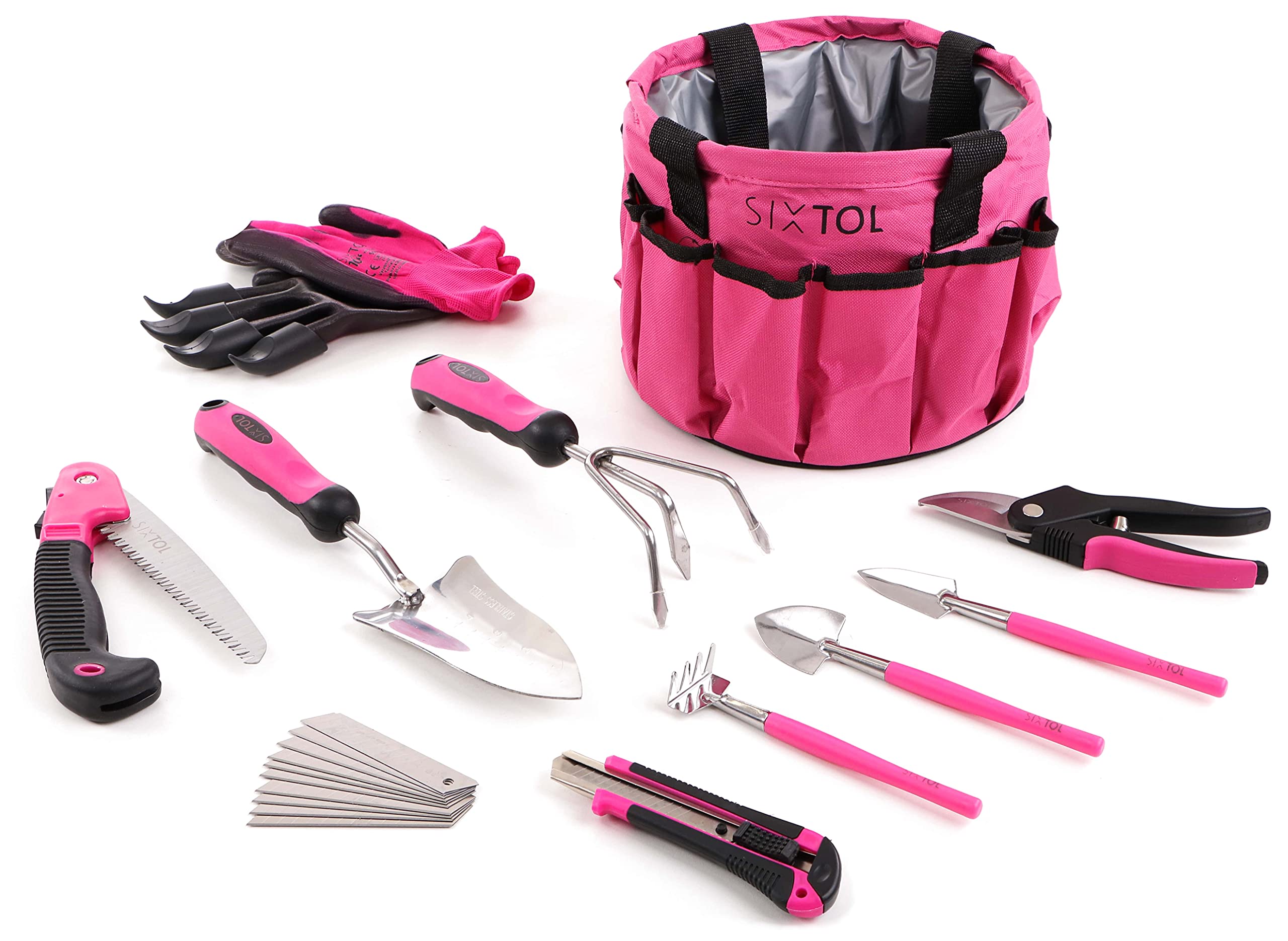 SIXTOL Garden PINK 10 Gartenwerkzeug Set | 10 STK. Garten Zubehör aus Edelstahl | Gartentasche als Geschenk Frauen | Für Gärtner | Gartengeräte mit Aufbewahrungstasche | Blumenschere, Gartenkralle