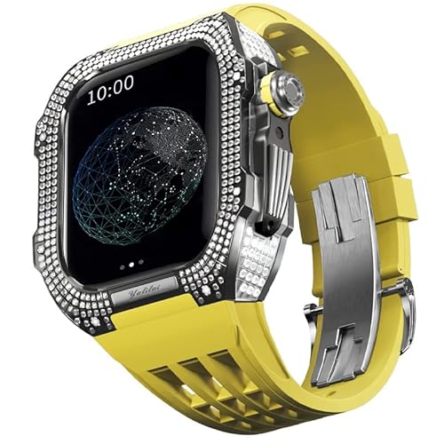 KANUZ Uhren-Modifikationsset, Luxus-Uhrenarmband-Set für Apple Watch 6, 5, 4 SE, 44 mm, luxuriöses Fluorkautschuk-Armband, Titangehäuse für iWatch 6/5/4/SE, 44 mm, Serie, Upgrade-Modifikation (Farbe: