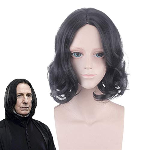 LINLINCD Cosplay wig Movie Severus Snape Black Wig Cosplay Professor Snape Curly Wig Halloween Role Play Costumes Wigs+ Wig Cap