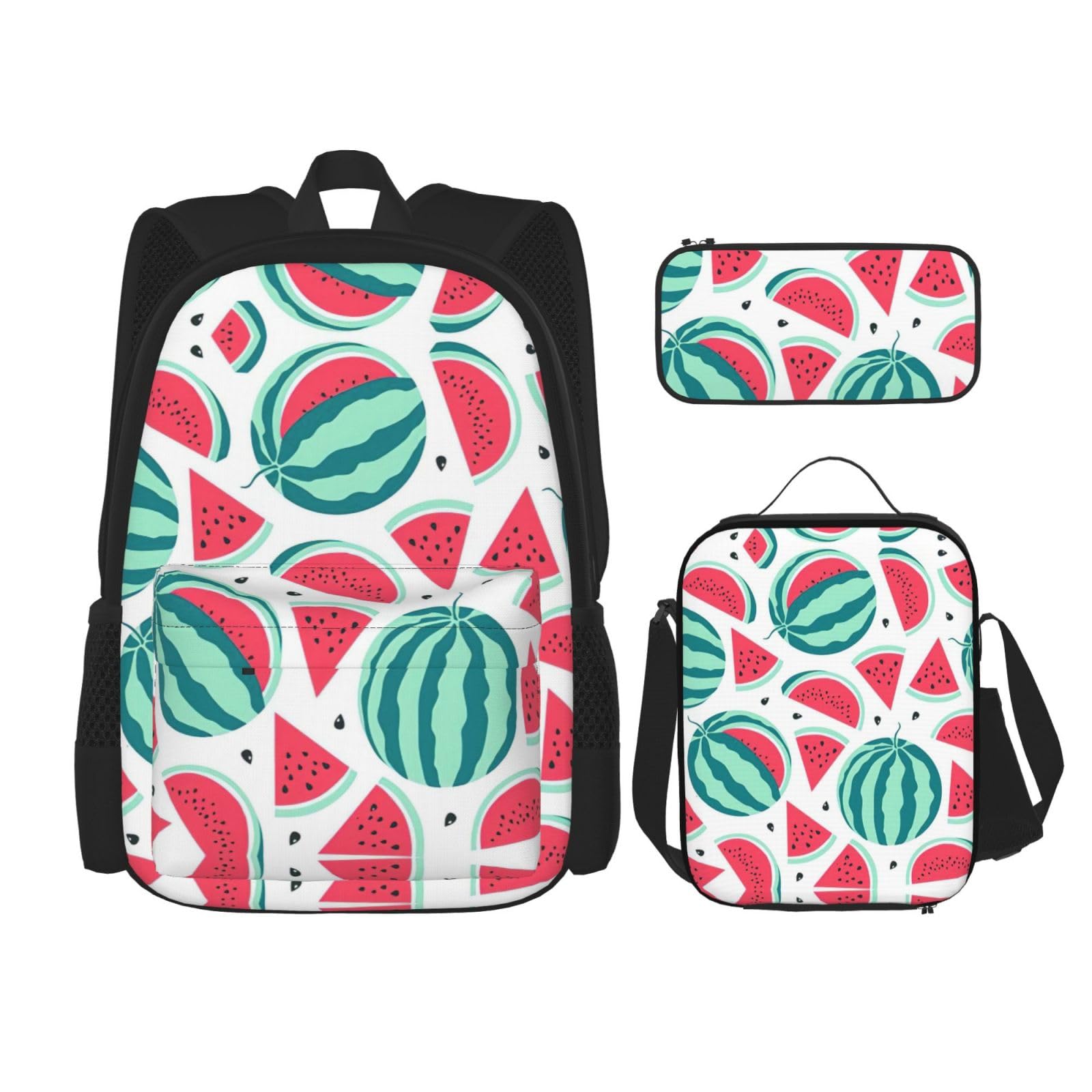 WURTON Obst-Wassermelonen-Druck, verstellbare Schultergurte, Rucksack-Set, Lunchtasche, Federmäppchen, Kombinationstaschen-Set