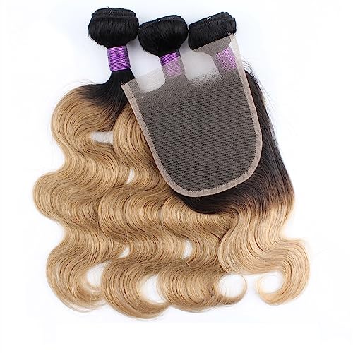 Human Hair Bundles Körperwellenhaar, 3 Bündel mit Verschluss, transparente Spitze, blonde Ombre, Remy-Echthaar-Webart-Verlängerung, 1B/27 Farbe, 200 g/Set human hair weave (Color : 4x4 Lace, Size :