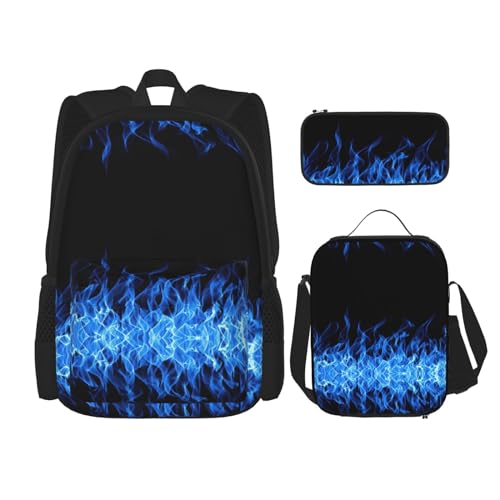 WURTON Schulrucksack-Set mit blauer Flamme 3 in 1 Büchertasche Set mit Brotdose Federmäppchen Reise Laptop Daypacks