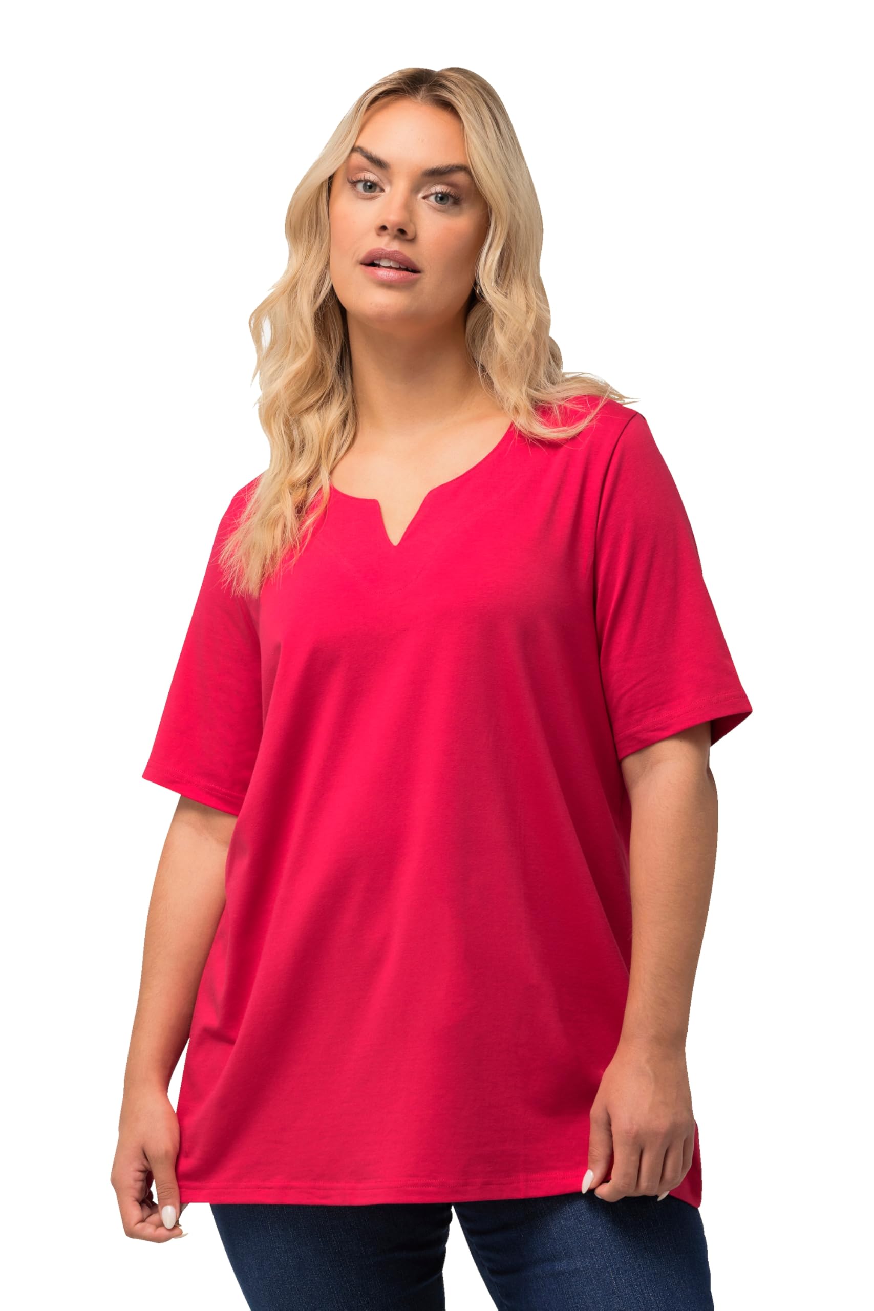 Ulla Popken Damen große Größen Übergrößen Plus Size T-Shirt, A-Linie, Tunika-Ausschnitt, Halbarm rot 54+ 807259535-54+