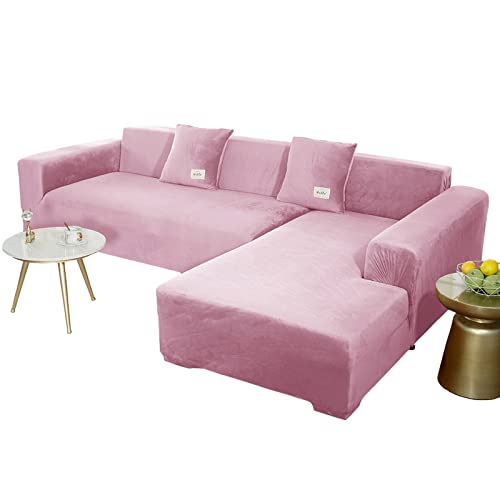 JHLD Sofabezug L Form, Stretch Sofabezug Samt L-förmiger Sofabezug Weiche Anti-rutsch Sofa Überwürfe Für Ecksofa-Rosa-3 Sitzer+3 Sitzer