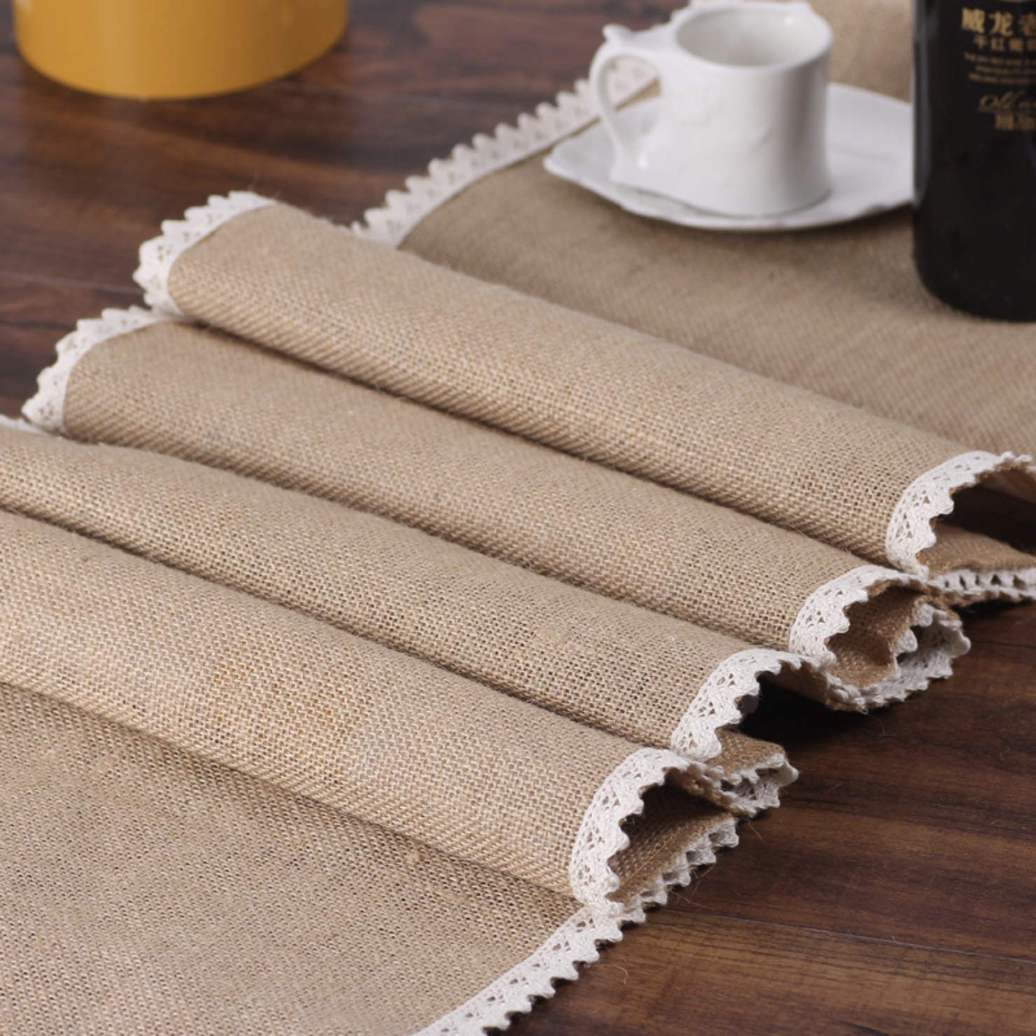 MARBER 6 PCS Sackleinen-Tischläufer mit Hessischer Jute-Stoff-Rollenbahn aus Spitze Tischband Tischdekoration für rustikale Hochzeitsfeier, Festfeier, Restaurants (12"x 108")