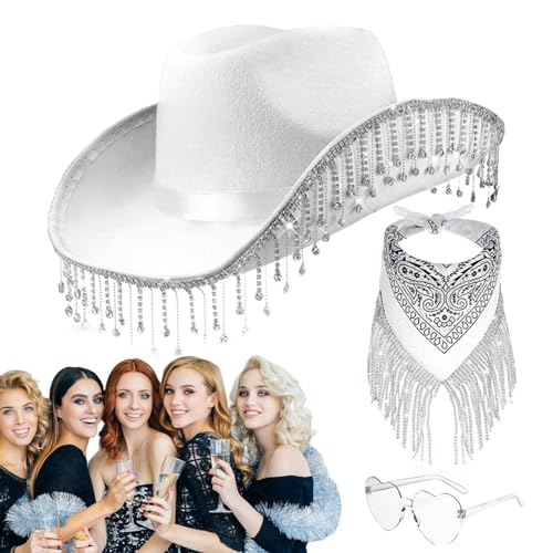 LPORF Cowgirl-Hut für Party, Strass-Quasten-Cowboyhut, 3er Set Strass Cowgirl Schal, Herz-Brillen-Set für Halloween, Maskerade, Abschlussfeier, Cosplay-Zubehör