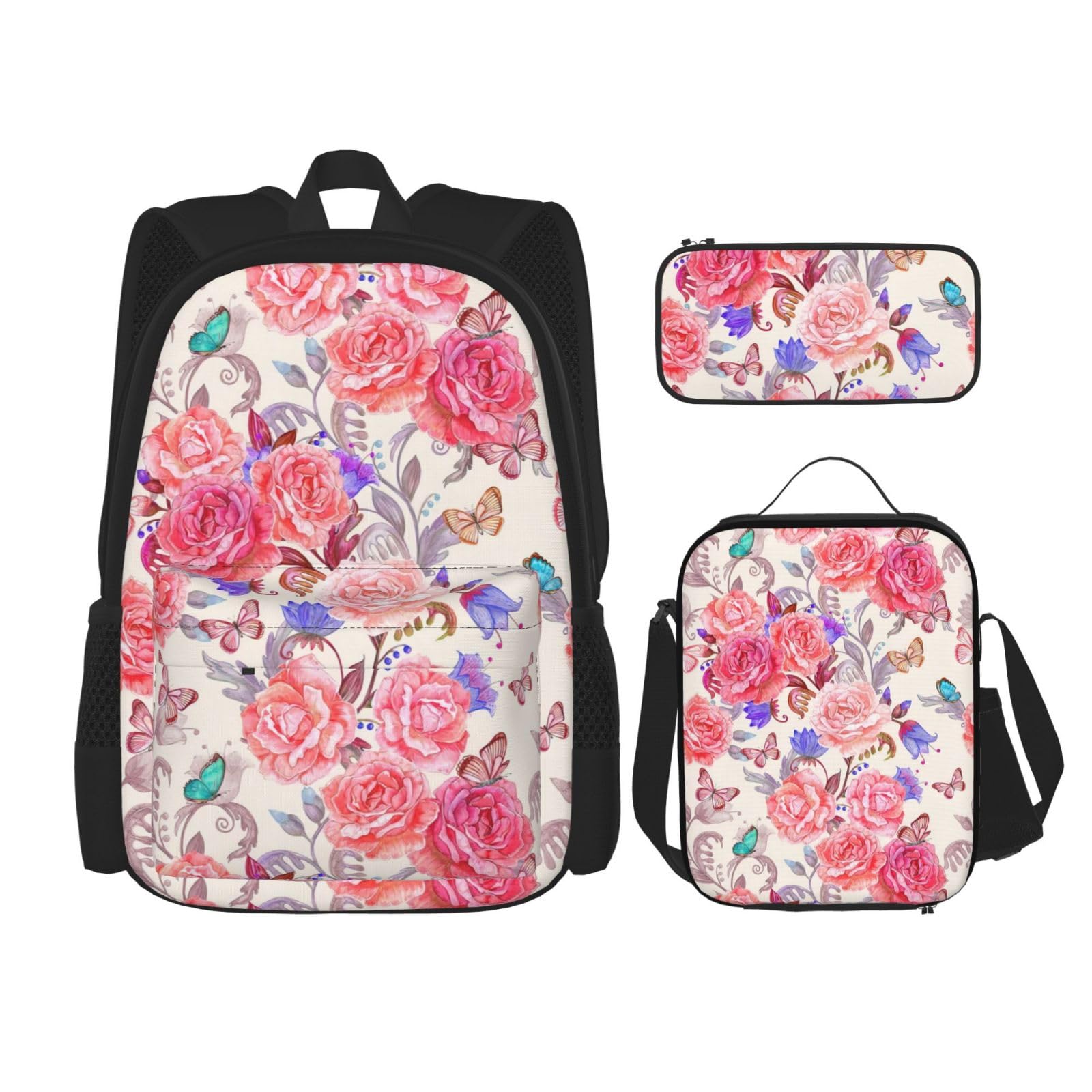 WURTON 3-in-1-Set mit Blumenmotiv, Rose, Schmetterling, lässig, verstellbar, Schulter-Rucksack, Lunch-Tasche, Federmäppchen, Beutel, Schwarz, Einheitsgröße