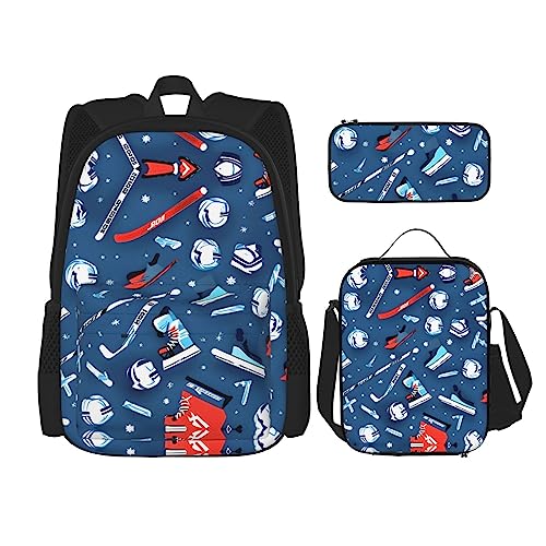 WURTON Eishockey-Druck-Reise-Lunchbox, Federmäppchen, Rucksack-Set, 3-teilig, verstellbare Riemen, leicht, Schwarz, Einheitsgröße