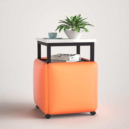 5-in-1-Sitzwürfel mit Lenkrollen und Couchtisch – perfekt für Wohnzimmer und Heimbüro – stapelbarer Sofa-Stuhl-Hocker, stapelbarer Ottoman-Hocker, beweglich, orangefarbenes Quadrat, weißer S